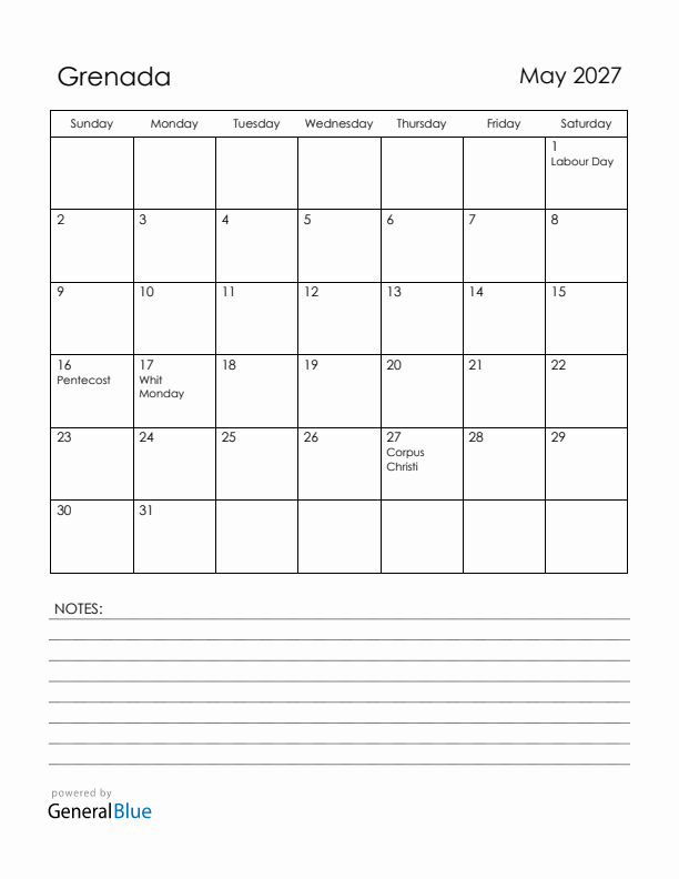May 2027 Grenada Calendar with Holidays (Sunday Start)