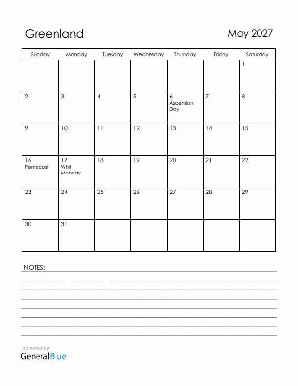 May 2027 Greenland Calendar with Holidays (Sunday Start)