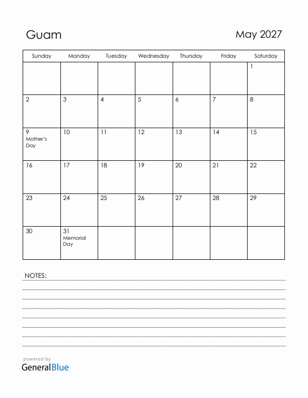 May 2027 Guam Calendar with Holidays (Sunday Start)