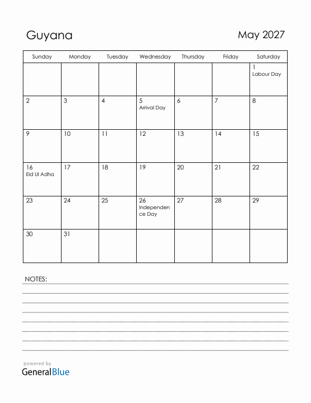 May 2027 Guyana Calendar with Holidays (Sunday Start)