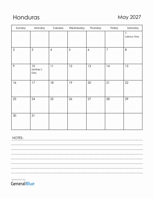 May 2027 Honduras Calendar with Holidays (Sunday Start)