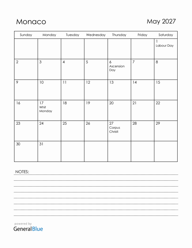May 2027 Monaco Calendar with Holidays (Sunday Start)