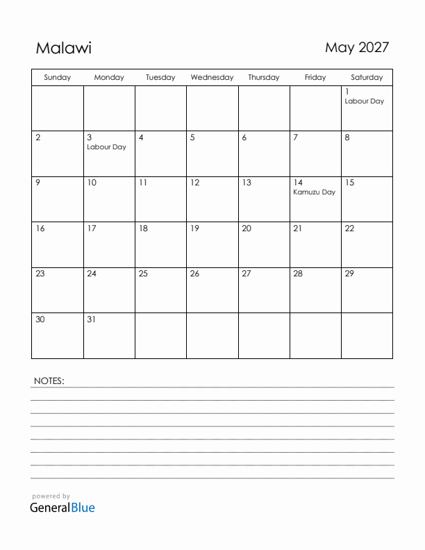 May 2027 Malawi Calendar with Holidays (Sunday Start)