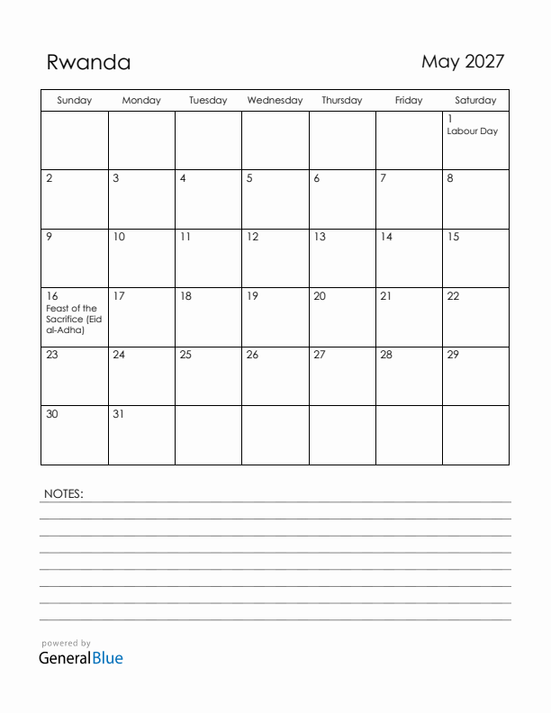 May 2027 Rwanda Calendar with Holidays (Sunday Start)