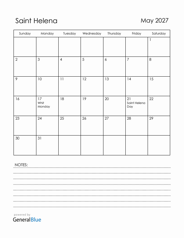 May 2027 Saint Helena Calendar with Holidays (Sunday Start)