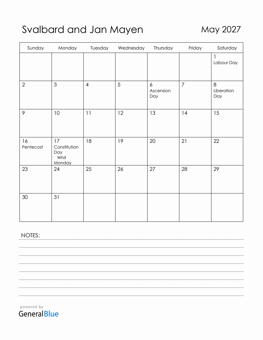 May 2027 Svalbard And Jan Mayen Calendar With Holidays