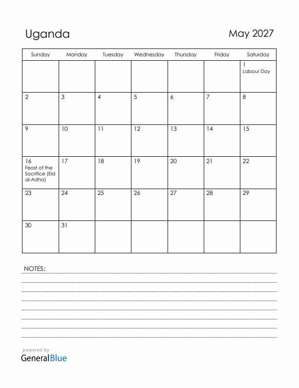May 2027 Uganda Calendar with Holidays (Sunday Start)