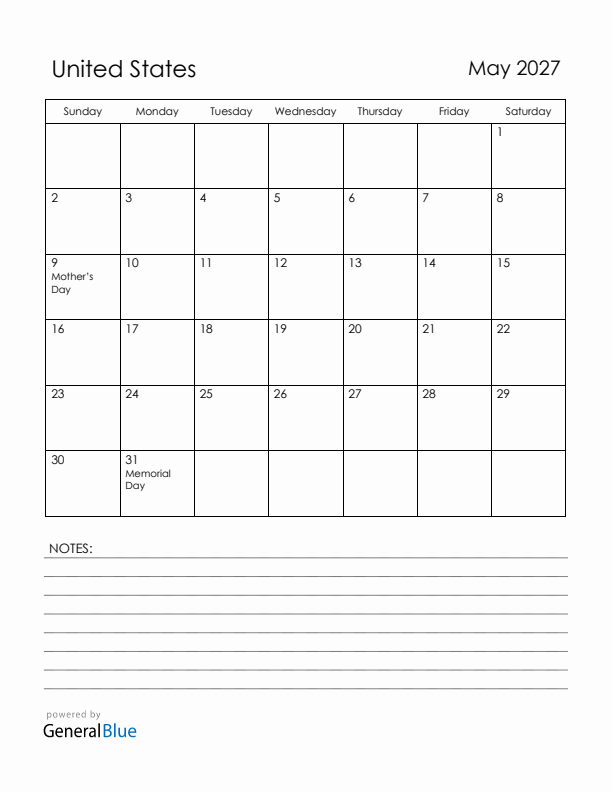 May 2027 United States Calendar with Holidays (Sunday Start)