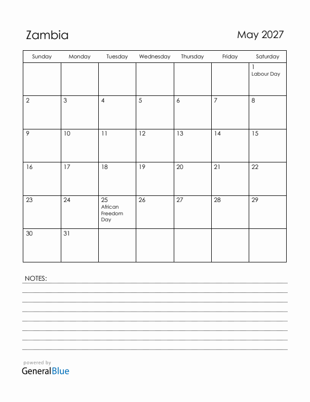 May 2027 Zambia Calendar with Holidays (Sunday Start)