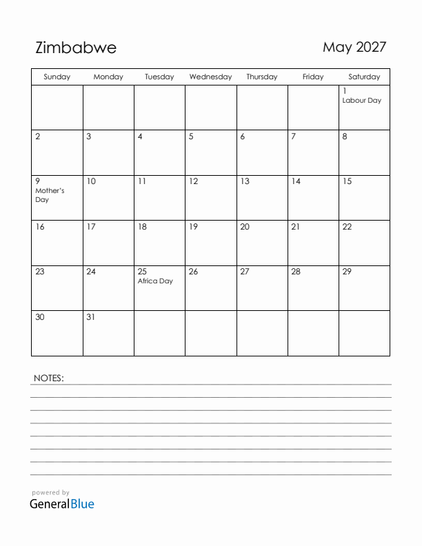 May 2027 Zimbabwe Calendar with Holidays (Sunday Start)