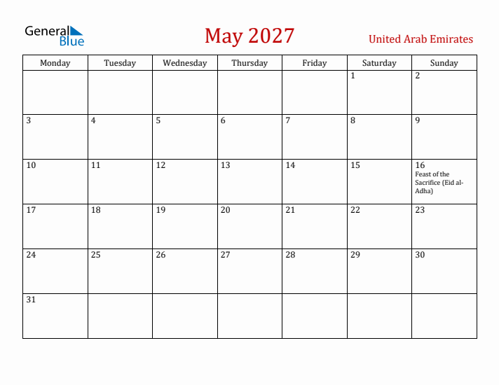 United Arab Emirates May 2027 Calendar - Monday Start