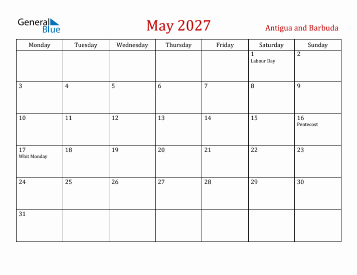 Antigua and Barbuda May 2027 Calendar - Monday Start