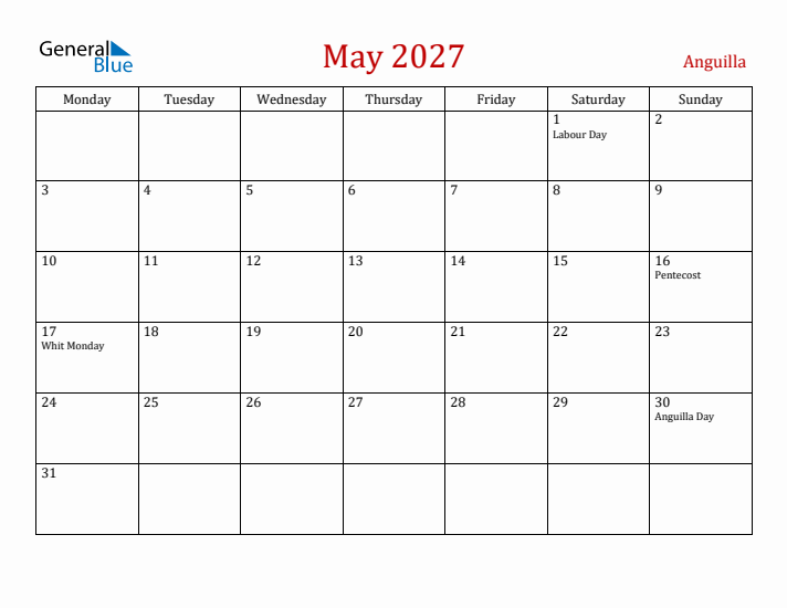 Anguilla May 2027 Calendar - Monday Start