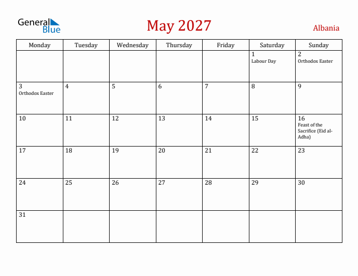 Albania May 2027 Calendar - Monday Start
