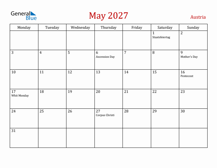 Austria May 2027 Calendar - Monday Start