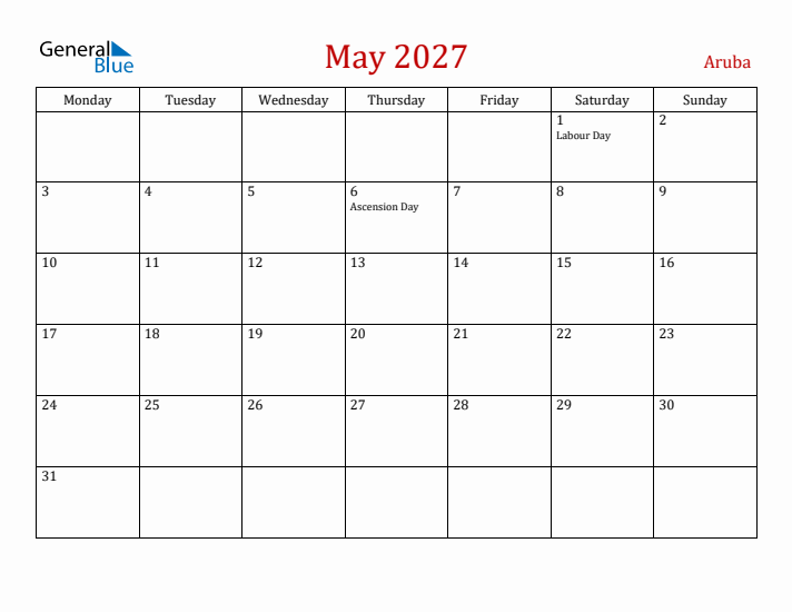 Aruba May 2027 Calendar - Monday Start