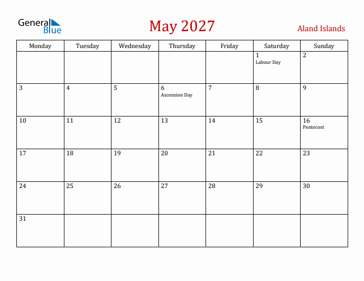 Aland Islands May 2027 Calendar - Monday Start