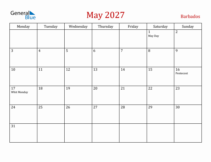 Barbados May 2027 Calendar - Monday Start