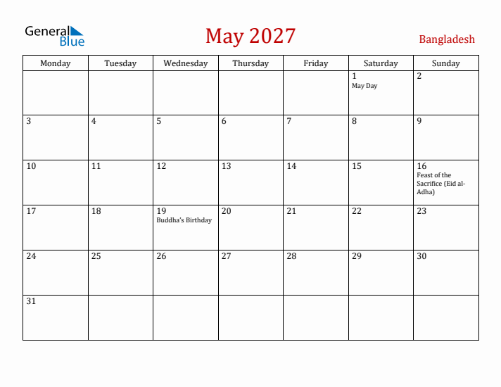 Bangladesh May 2027 Calendar - Monday Start