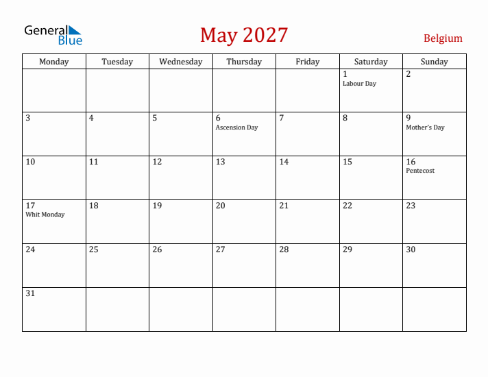 Belgium May 2027 Calendar - Monday Start