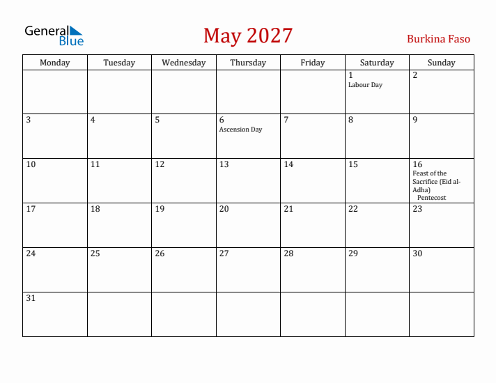 Burkina Faso May 2027 Calendar - Monday Start