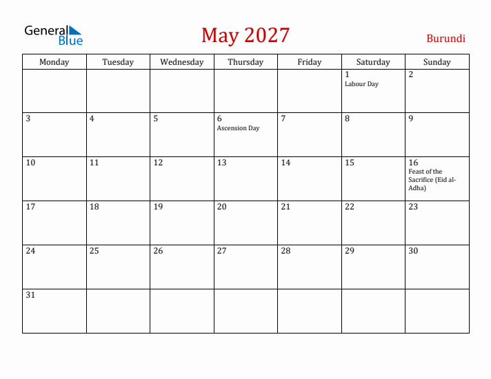Burundi May 2027 Calendar - Monday Start