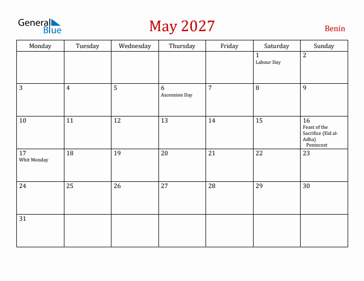 Benin May 2027 Calendar - Monday Start