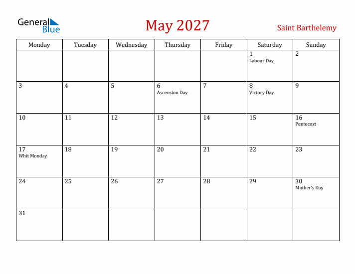 Saint Barthelemy May 2027 Calendar - Monday Start