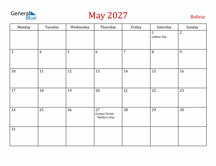 Bolivia May 2027 Calendar - Monday Start