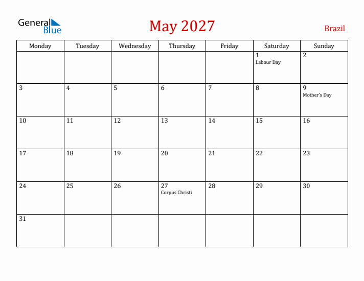Brazil May 2027 Calendar - Monday Start