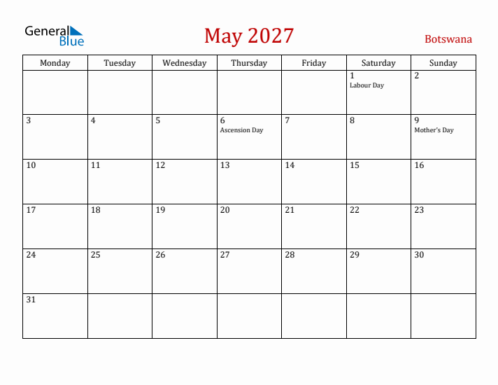 Botswana May 2027 Calendar - Monday Start