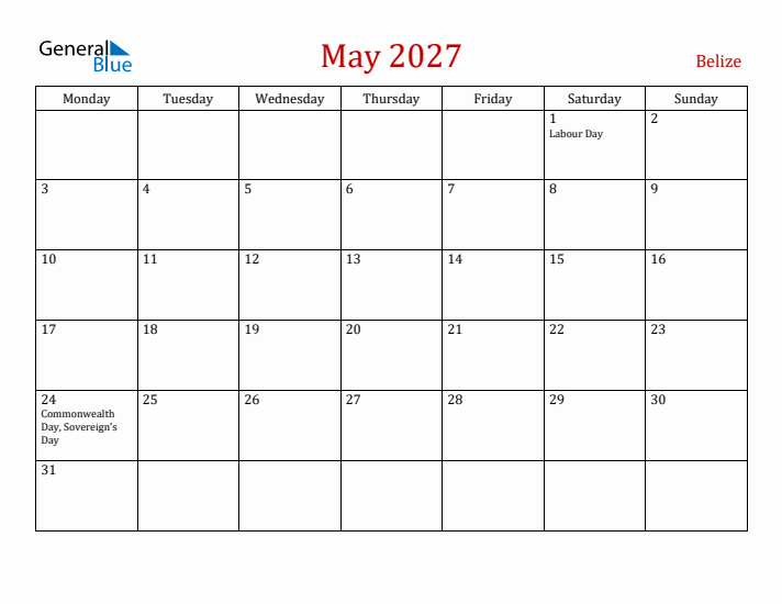 Belize May 2027 Calendar - Monday Start