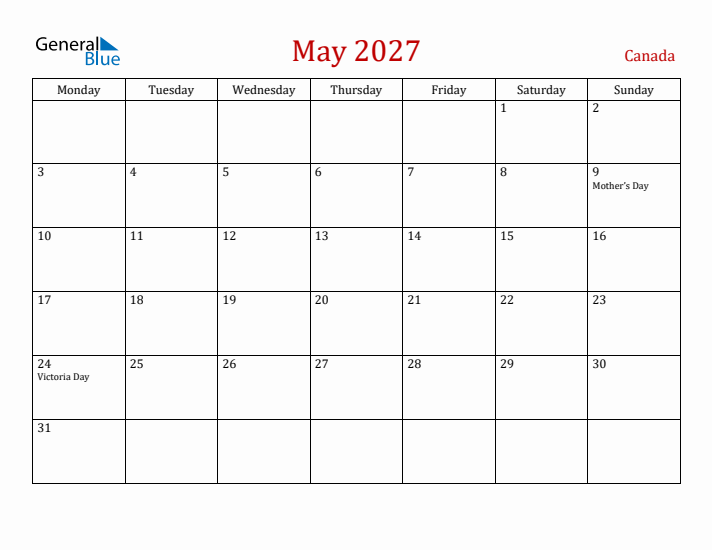 Canada May 2027 Calendar - Monday Start