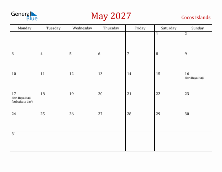 Cocos Islands May 2027 Calendar - Monday Start