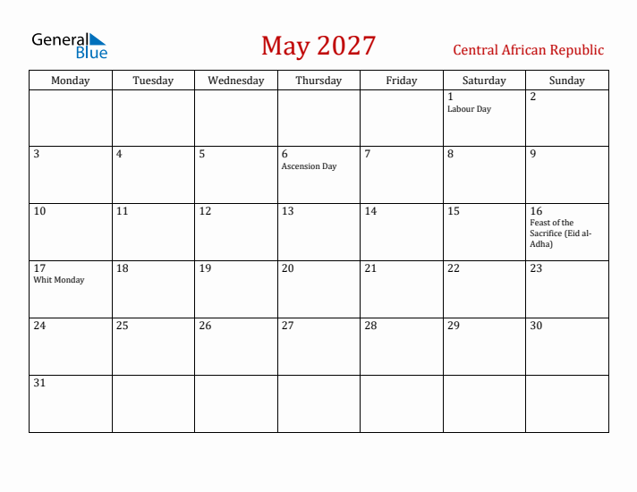 Central African Republic May 2027 Calendar - Monday Start