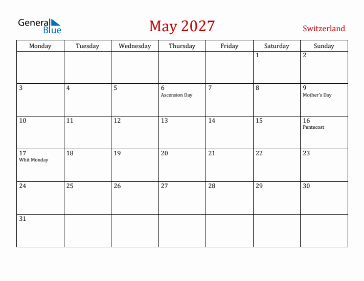 Switzerland May 2027 Calendar - Monday Start