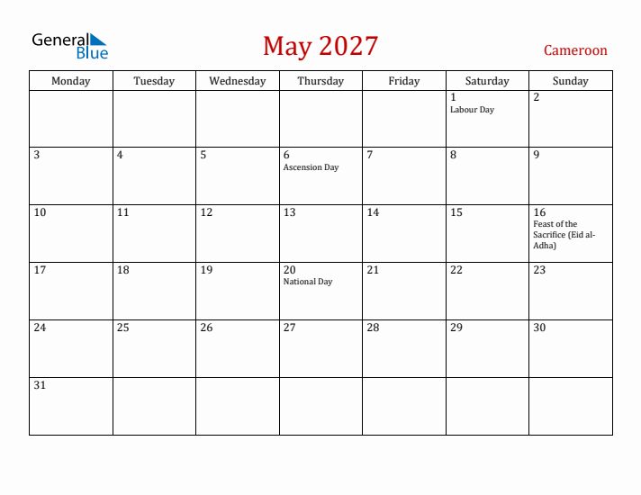 Cameroon May 2027 Calendar - Monday Start