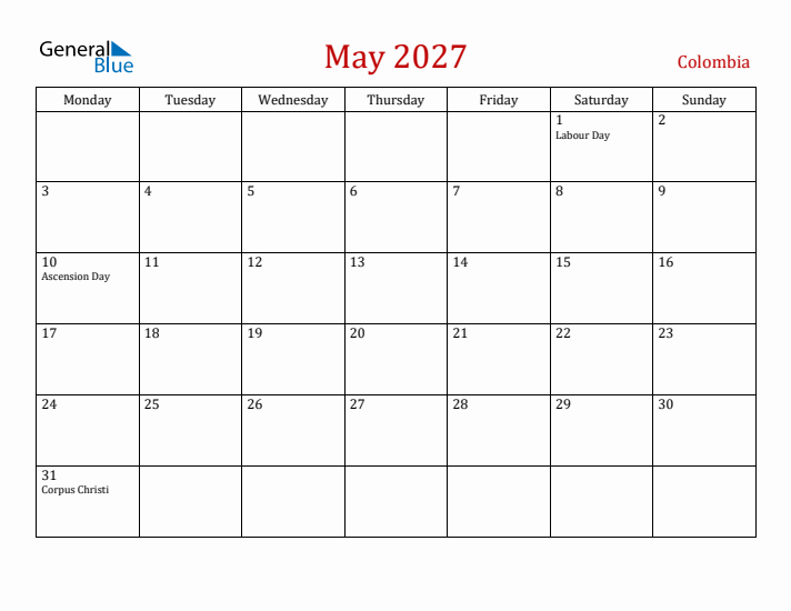 Colombia May 2027 Calendar - Monday Start
