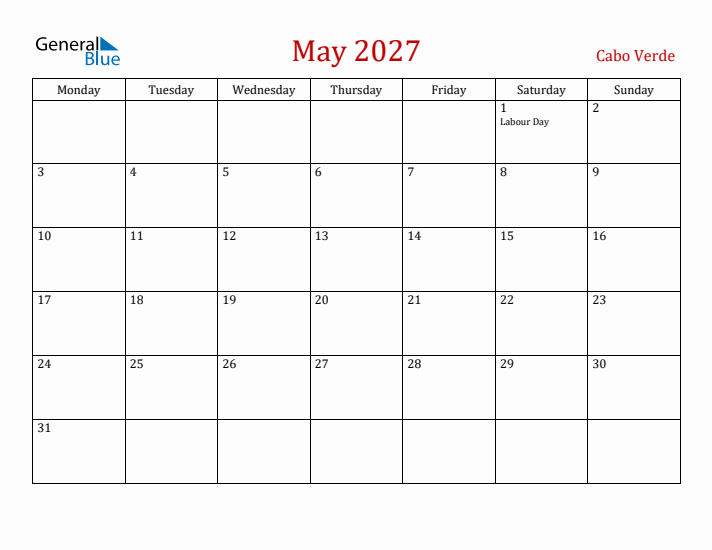 Cabo Verde May 2027 Calendar - Monday Start