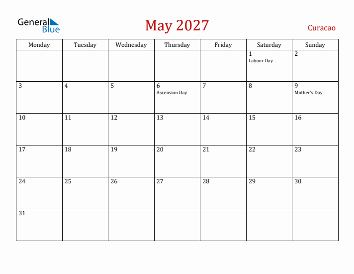 Curacao May 2027 Calendar - Monday Start