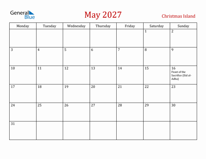 Christmas Island May 2027 Calendar - Monday Start