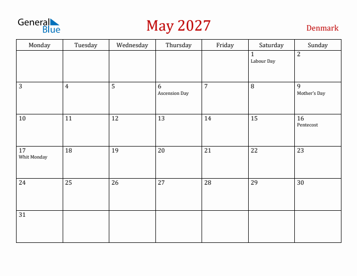 Denmark May 2027 Calendar - Monday Start