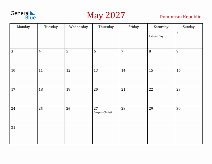 Dominican Republic May 2027 Calendar - Monday Start