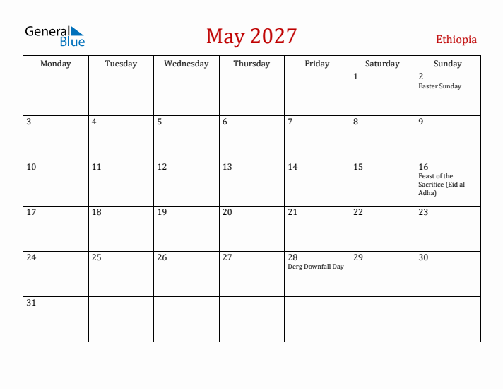 Ethiopia May 2027 Calendar - Monday Start
