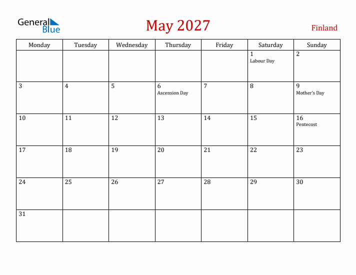 Finland May 2027 Calendar - Monday Start