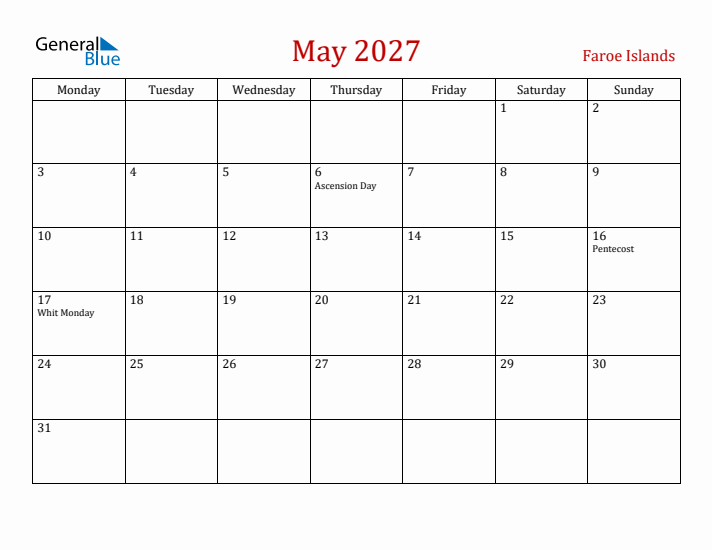 Faroe Islands May 2027 Calendar - Monday Start