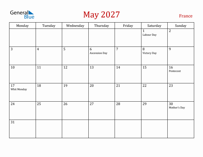 France May 2027 Calendar - Monday Start
