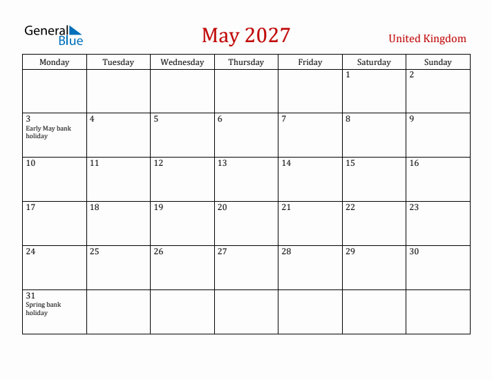 United Kingdom May 2027 Calendar - Monday Start