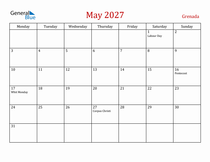 Grenada May 2027 Calendar - Monday Start