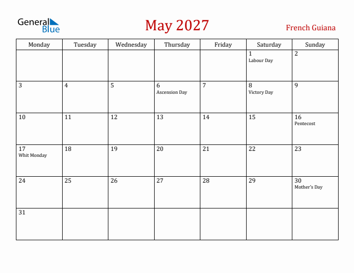 French Guiana May 2027 Calendar - Monday Start